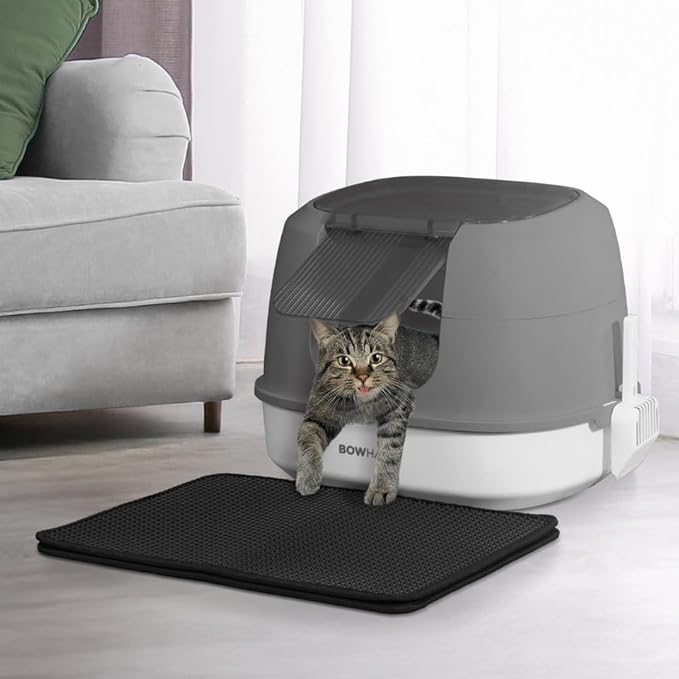 Detachable Cat Litter Box with Lid, 3-in-1 Cat Toilet of Cats, Large Space Anti-Leakage Cat Litter Box with Scoop, Cat Mat & Odor Fitter, Dark Grey-PawvioPets