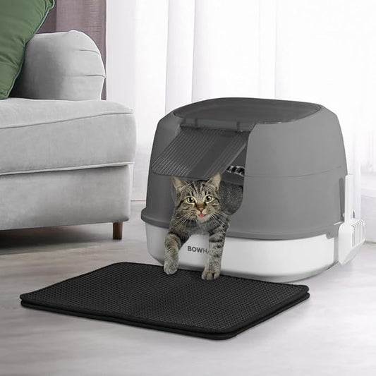 Detachable Cat Litter Box with Lid, 3-in-1 Cat Toilet of Cats, Large Space Anti-Leakage Cat Litter Box with Scoop, Cat Mat & Odor Fitter, Dark Grey-PawvioPets