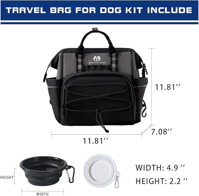 Dog Travel Bag, Airline Approved Pet Supplies Backpack, Dog Travel Backpack Accessories Set with 2 Silicone Collapsible Bowls and 1 Leash Clip for Camping, Road Trips & Weekends Away（Black）-PawvioPets