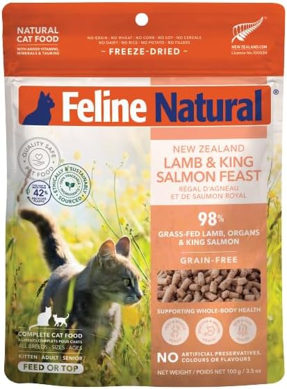 Feline Natural High Protein Dry Cat Food, Freeze-Dried Diet with 98% Meat, Organs & Seafood, No Peas, Grains, or Artificial Additives, Made in New Zealand, Lamb & King Salmon, 3.5oz-PawvioPets