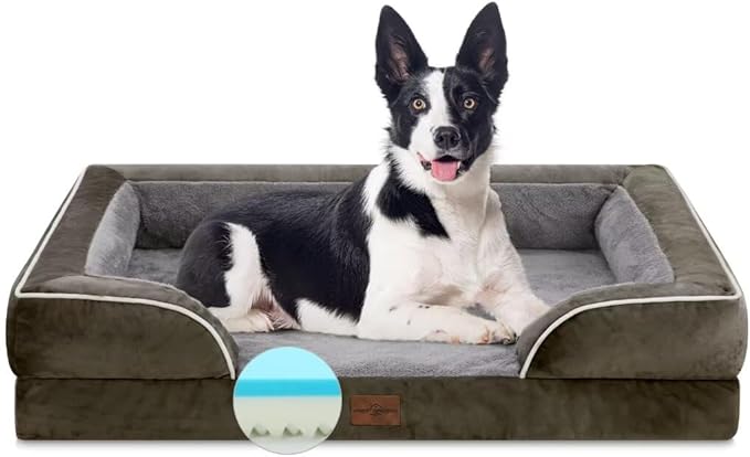 Comfort Expression Orthopedic Memory Foam Dog Beds, Waterproof Dog Beds Large Sized, Washable Dogs Beds with Removable Cover, Pet Sofa Couch with Bolster(Large,Olive Green)-PawvioPets