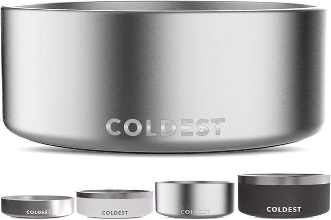 Coldest Dog Bowl - Anti Rust Metal, Non Slip, 3 Layers Insulated Stainless Steel Dog Bowls - Spill Proof & Heavy Duty - Water Bowl for Dogs, Cats, Dish Washer Safe (64 oz, Polished Stainless Steel)-PawvioPets