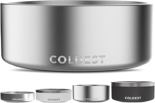 Coldest Dog Bowl - Anti Rust Metal, Non Slip, 3 Layers Insulated Stainless Steel Dog Bowls - Spill Proof & Heavy Duty - Water Bowl for Dogs, Cats, Dish Washer Safe (64 oz, Polished Stainless Steel)-PawvioPets