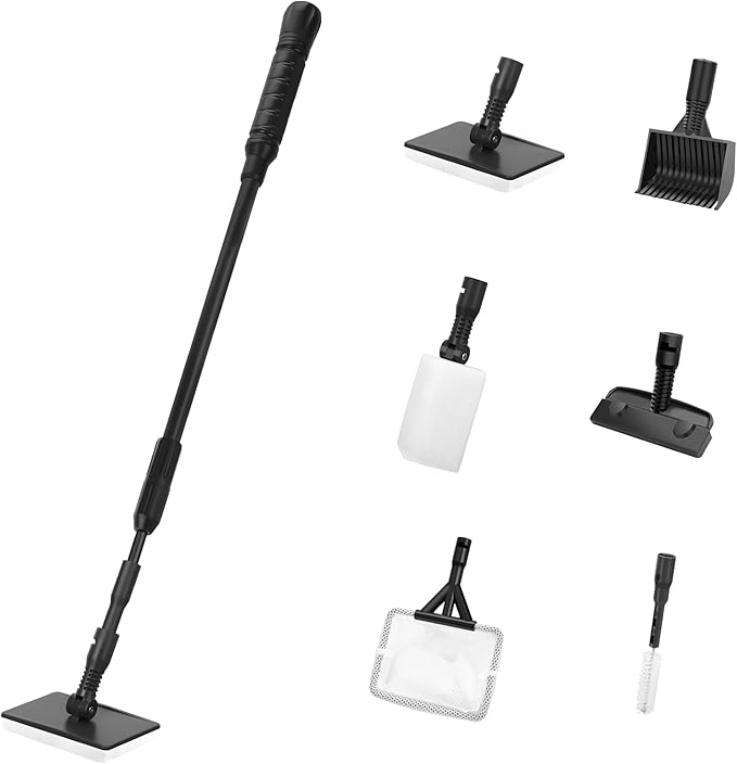 AQUANEAT 6 in 1 Fish Tank Cleaning Tools, Aquarium Cleaner Set with Adjustable Handle, Including Algae Scraper, Sponge Pad, Fish Net, and Brush-PawvioPets