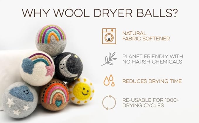 Fluff Ewes Wool Dryer Balls 6 Pack Premium New Zealand Wool Laundry Balls for Dryer, No Static Dryer Balls Laundry Reusable, XL Wool Dryer Balls Cute, Baby Dryer Balls for Dryers - Rainbow or Shine-PawvioPets