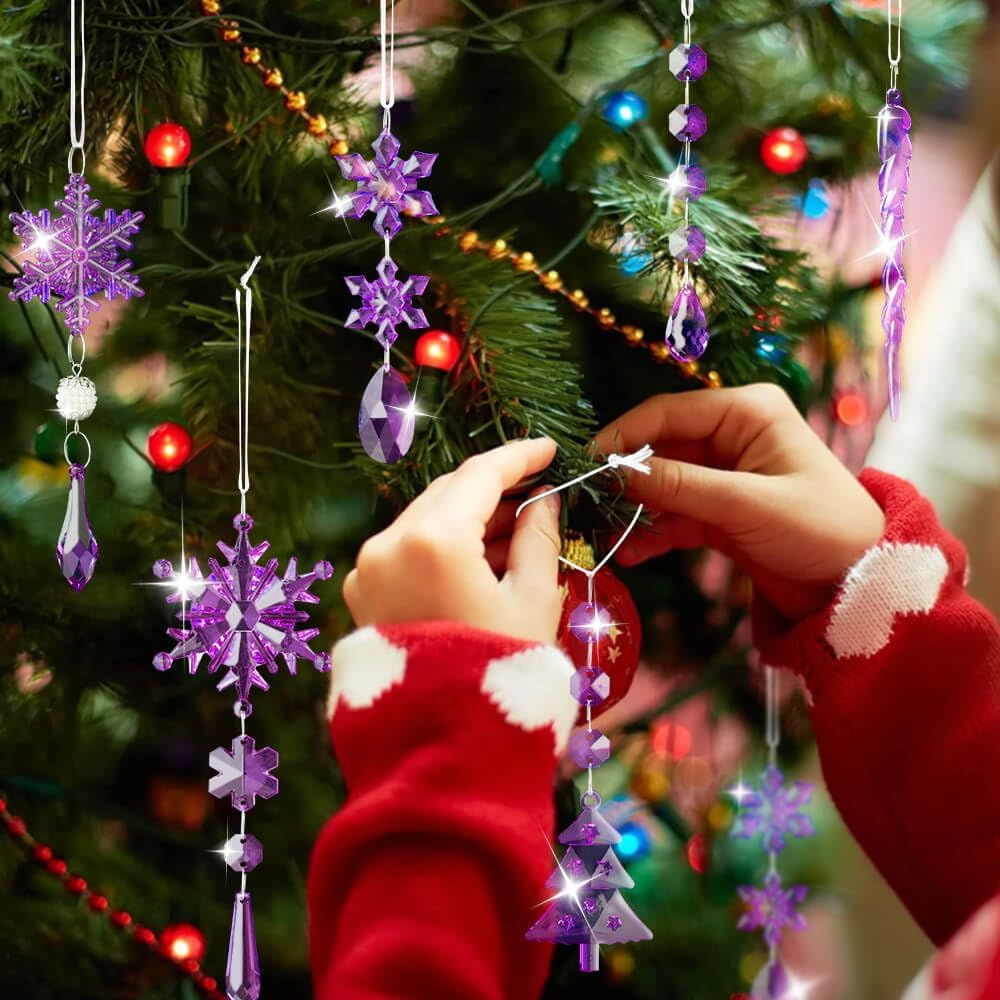 Lanpn 26 Pcs Christmas Ornaments Crystal Christmas Tree Decoration, Hanging Clear Acrylic Snowflake Icicle Drop Pendants for Xmas Winter Outdoor Indoor Party Decoration Purple