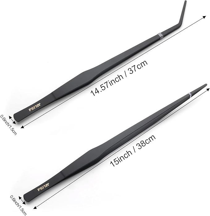Aquarium Tweezers Extra Long 15 inches Feed Tong Clamps - FEITA Straight and Curved Stainless Steel 38cm Tweezers Set for Fish Tank Plants Aquascape Tools & Reptile Feeding Tongs - Black 2Pcs-PawvioPets
