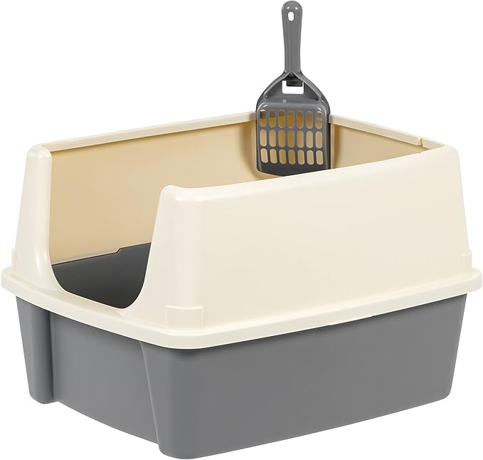 Amazon Basics Large Cat Litter Box with High Sides, Open Top, Includes Scoop, 19 x 15 x 11.75 inches, Grey/Beige-PawvioPets