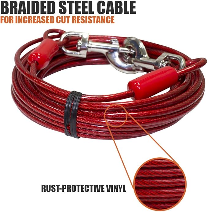 BV Dog Tie Out Cable 30 Feet - Heavy Duty Dog Lead Up to 125 Pounds - Reflective & Rust-Free with Quick Release Swivel Clips & 360° Rotating Clasp - Tangle-Free Dogs Runner for Yard (Red, Single)-PawvioPets