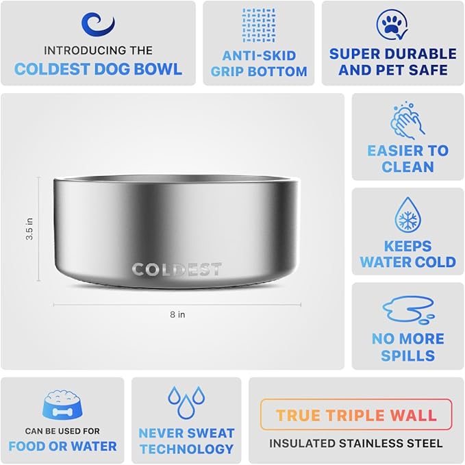 Coldest Dog Bowl - Anti Rust Metal, Non Slip, 3 Layers Insulated Stainless Steel Dog Bowls - Spill Proof & Heavy Duty - Water Bowl for Dogs, Cats, Dish Washer Safe (64 oz, Polished Stainless Steel)-PawvioPets
