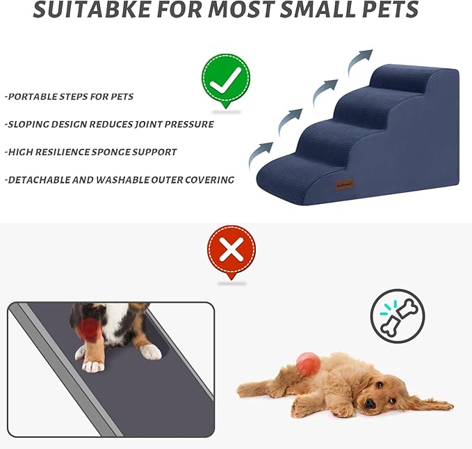 4-Step Dog Stairs and Ramp for Beds or Couches,Non-Slip Sturdy Pet Steps for Small Dogs and Cats,17.4" H,Blue-PawvioPets