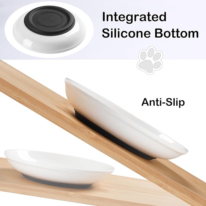 Cat Food Bowl,Healthy Ceramic Cat Bowls for Indoor Cats,Anti Whisker Fatigue Cats Dishes Set,Shallow Wide Kitten Plates for Food and Water,Non-Slip Silicone Bottom,3 Pack-PawvioPets