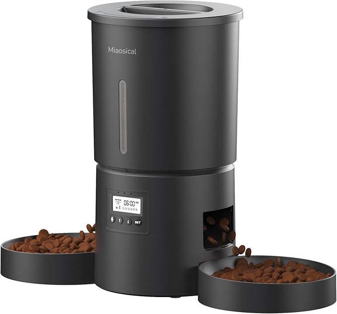 Dual Automatic Cat Feeder 2 Cats,6 Meals/Day,12 Portions/Meal,4.2L Dual Power Double Bowls Feeder,Dry Food Auto Pet Dispenser,10S Voice Record,Flexible Schedule Timer (Black,Basic Dual Bowls)-PawvioPets