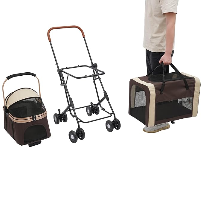 Foldable Pet Stroller for Small & Medium Dogs, Double Dog & Cat Stroller with 3-in-1 Travel System, Detachable Pet Carrier with Wheels for Cats and Dogs up to 77 lbs, Coffee Color-PawvioPets