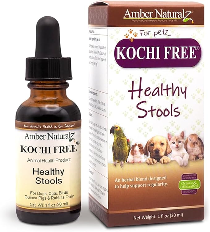 Amber NaturalZ Kochi Free Herbal Supplement for Dogs, Cats, Birds, Guinea Pigs, and Rabbits | Pet Herbal Supplement for Healthy Stool Support | 1 Fluid Ounce Glass Bottle | Manufactured in The USA-PawvioPets