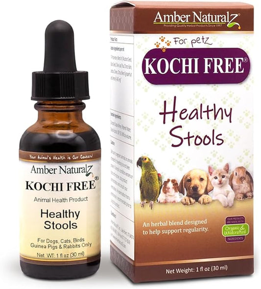 Amber NaturalZ Kochi Free Herbal Supplement for Dogs, Cats, Birds, Guinea Pigs, and Rabbits | Pet Herbal Supplement for Healthy Stool Support | 1 Fluid Ounce Glass Bottle | Manufactured in The USA-PawvioPets