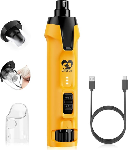 Casfuy 6-Speed Dog Nail Grinder – 50%+ Boost Power Dog Nail Trimmers Quiet with Dust Cap & 2 LED Lights & 2000mAh Battery & 4.8V Motor Electric Pet Toenail File Tool for Large Medium Small Dogs Cats-PawvioPets