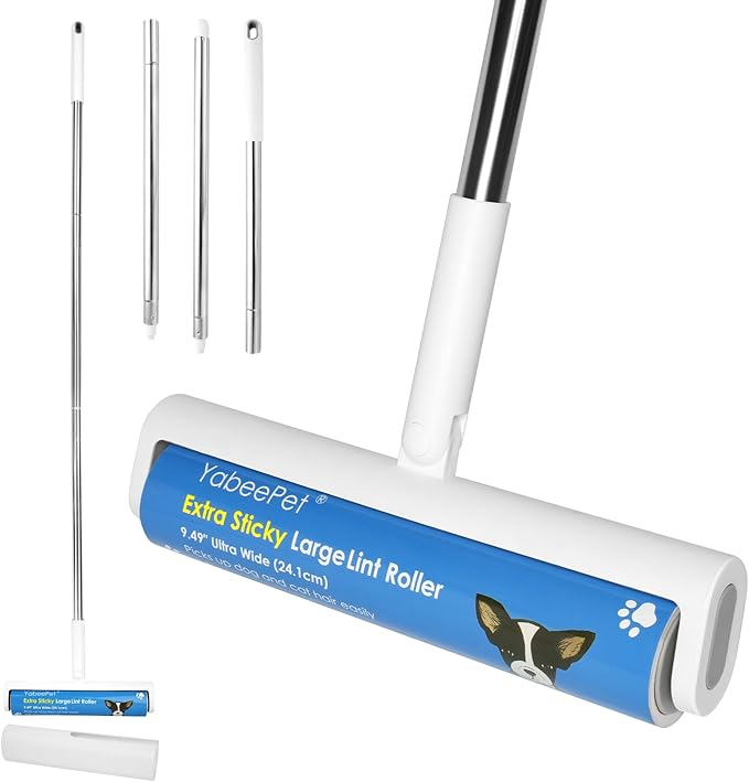 9.49'' Large Lint Rollers for Carpet and Floor, Extra Sticky Giant Rollers with 50'' Long Handle for Carpets, Couch, Floor, Clothing, and Pet Hair Cleaning(1 Pack Floor Roller)-PawvioPets