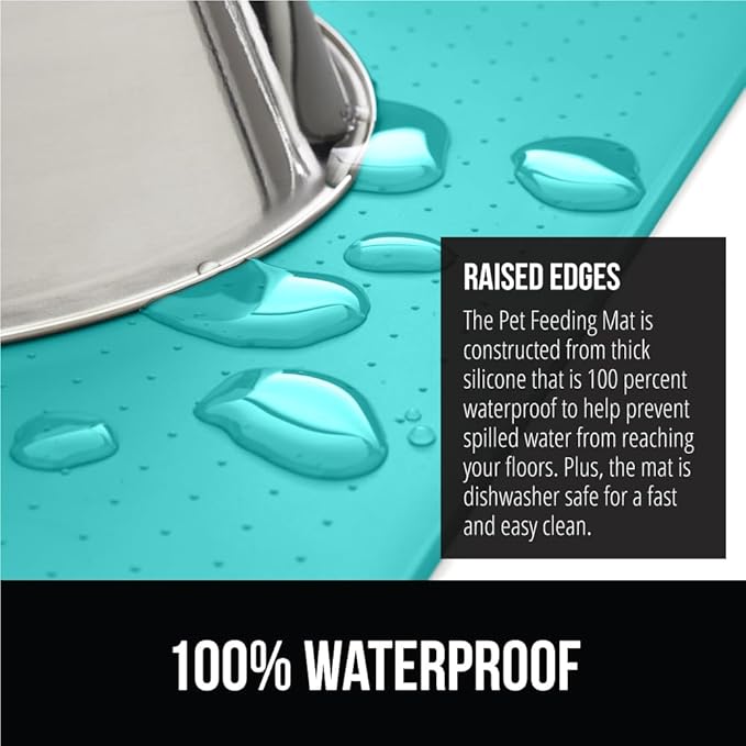 GORILLA GRIP 100% Waterproof Raised Edge BPA Free Silicone Pet Feeding Mat, Dog Cat Food Mats Contain Spills Protects Floors, Placemats for Cats and Dogs Water Bowl, Pets Accessories 16x10, Turquoise-PawvioPets