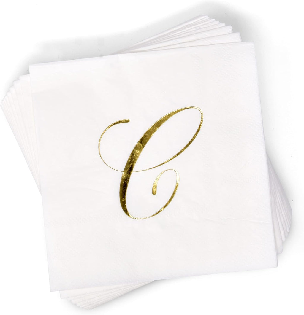 Gift Boutique 100 Gold Monogram Cocktail Napkins Letter C Disposable Paper Pack Elegant Metallic Golden Foil Beverage Napkin for Wedding Holiday Tea Party Bridal & Baby Shower Decorative Napkin