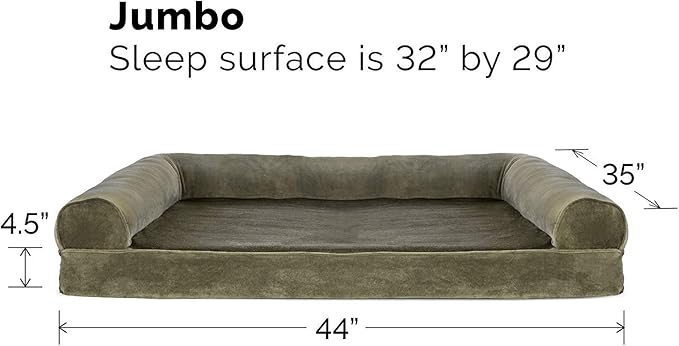 Furhaven Orthopedic Dog Bed for Large Dogs w/ Removable Bolsters & Washable Cover, For Dogs Up to 95 lbs - Faux Fur & Velvet Sofa - Dark Sage, Jumbo/XL-PawvioPets