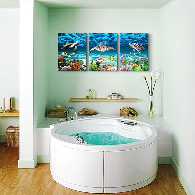 Canvas Wall Art for Living Room Large Size Wall decor for Bedroom Modern Bathroom Wall Decoration blue Ocean Wall Painting Sea Turtle Wall Pictures Ready to Hang Office Artwork 20" x 28" 3 Piece-PawvioPets