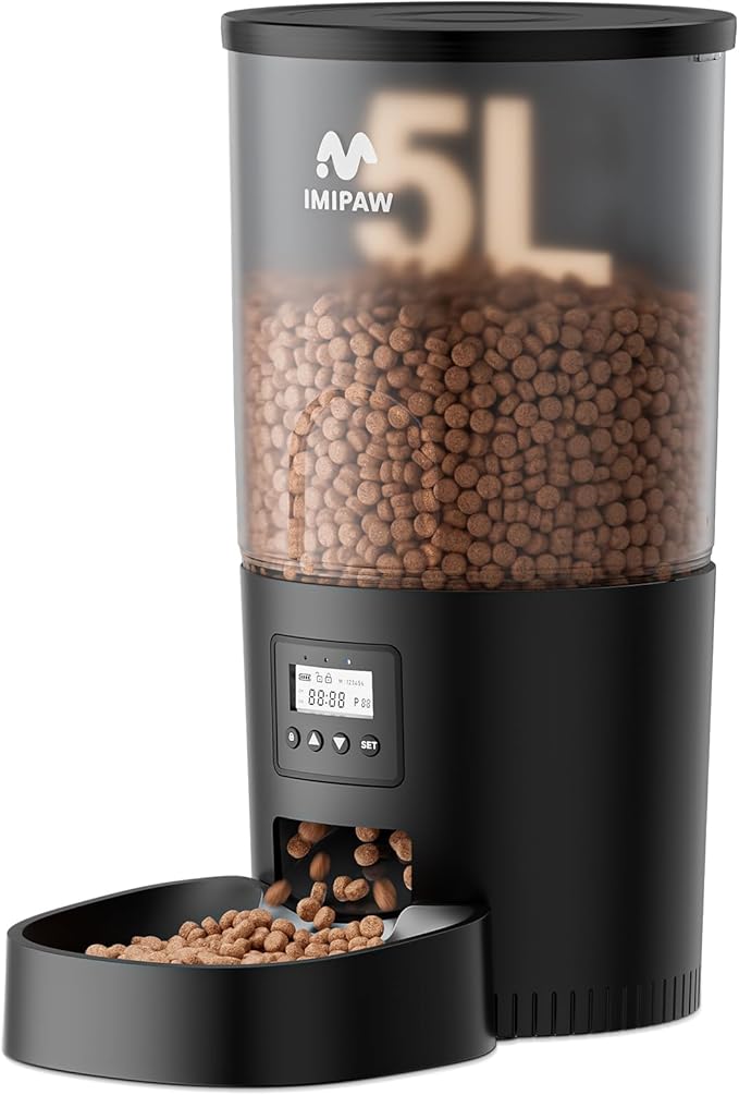 Automatic Cat Feeders, 5L Large Capacity, Timed Feeding Dry Food, Dual Power Design, Programmable Portion Size, 1-6 Meals Per Day, with Desiccant, Suitable for Small Pets Food Dispenser, Black-PawvioPets