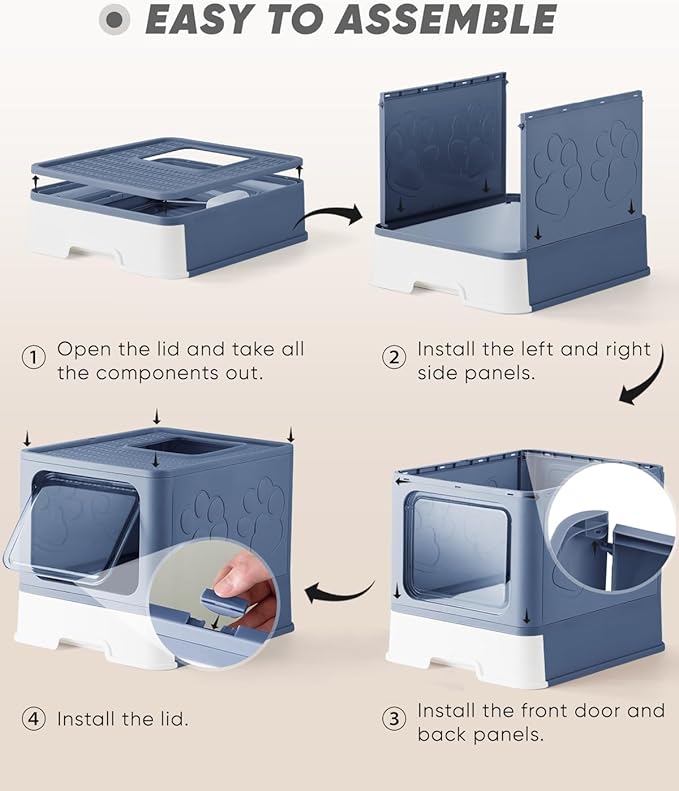 Enclosed Cat Litter Box, Large Litter Box for Big Cats, Covered Kitty Litter Boxes with Lid, Top Entry Cat Box Enclosure with Scoop, Odor Control, Easy to Clean(Blue)-PawvioPets