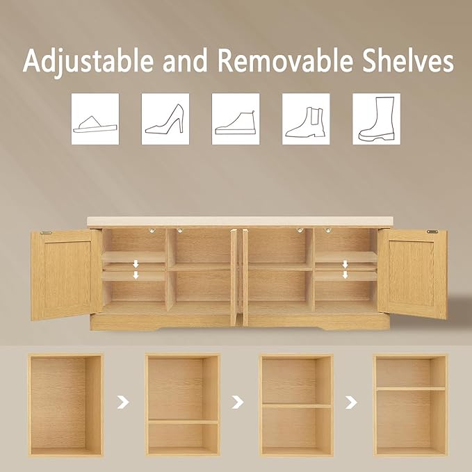 DINZI LVJ Shoe Bench, Entryway Storage Bench with Doors, Cushion, 2-Tier Shoe Rack with 8-Cubby, 47.2”L x 13.8”W Shoe Organizer Cabinet, Adjustable Shelf, Living Room, Bedroom, Natural with Rattan-PawvioPets