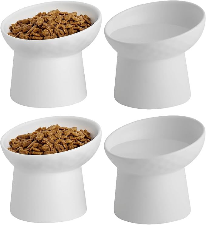 4 Pcs Small Ceramic Raised Cat Bowls, Tilted Elevated Food or Water Bowls, Stress Free, Backflow Prevention, Dishwasher and Microwave Safe, Lead & Cadmium Free(4pc White)-PawvioPets