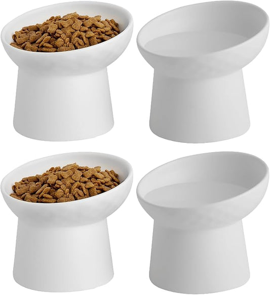 4 Pcs Small Ceramic Raised Cat Bowls, Tilted Elevated Food or Water Bowls, Stress Free, Backflow Prevention, Dishwasher and Microwave Safe, Lead & Cadmium Free(4pc White)-PawvioPets