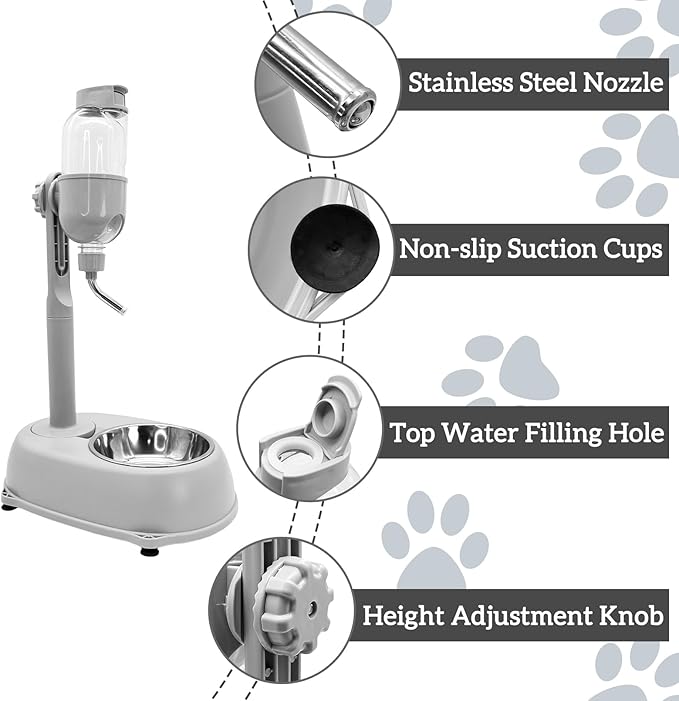 Fhiny Dog Water Feeder Bottle with Stand, Dispenser Automatic Water Food Bowl for Cage Leak-Proof No-Drip Adjustable Raised Pet Slow Water Bottle Dog Kennel Durable Drinker Container-PawvioPets