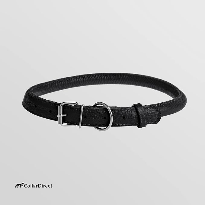 CollarDirect Rolled Leather Dog Collar, Soft Padded Round Puppy Collar, Handmade Genuine Leather Collar Dog Small Large Cat Collars 13 Colors (6-7 Inch, Black Textured)-PawvioPets
