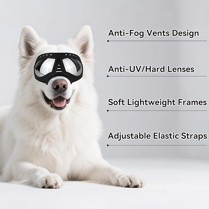 Dog Goggles Windproof for Medium-Large Breeds Dog Sunglasses Anti-UV with Adjustable Straps - Black-PawvioPets