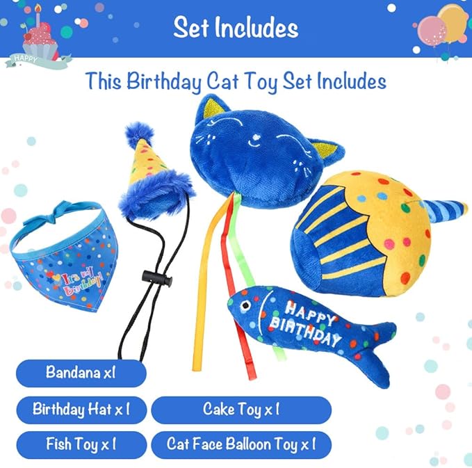 BINGPET Cat Birthday Catnip Toys for Indoor Cats,Cat Birthday Hat,Bandana and Cat Birthday Cake Interactive Plush Kitten Chew Toys,Cute Fish,Balloon Toys with Crinkle Paper and Catnip Inside(Blue)-PawvioPets