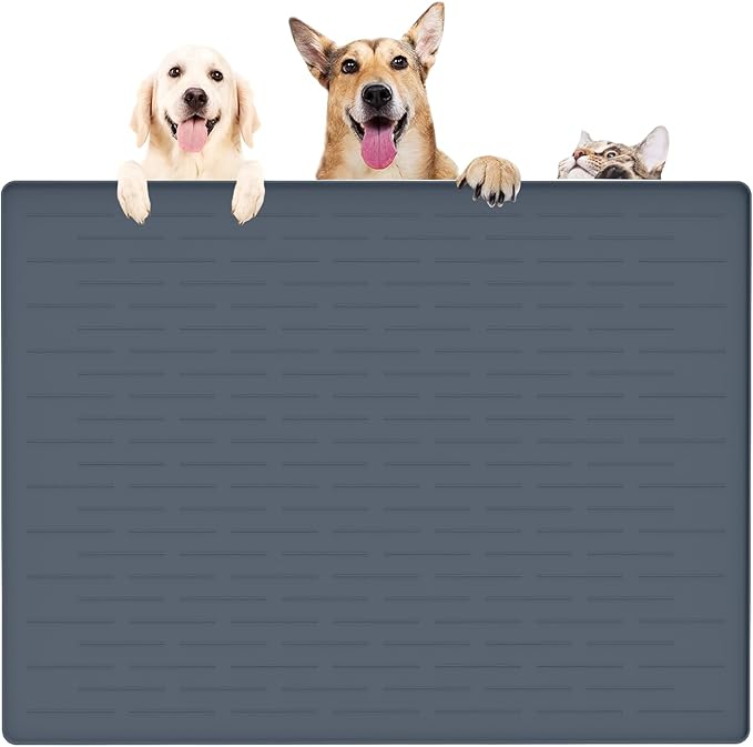 39.4"x29.5" Largest Pet Food Mat, Silicone Dog Mats for Food and Water, Nonslip Pet Feeding Mats for Floors,Dog Cat Bowl Mat with Raised Edges, Gray Blue-PawvioPets
