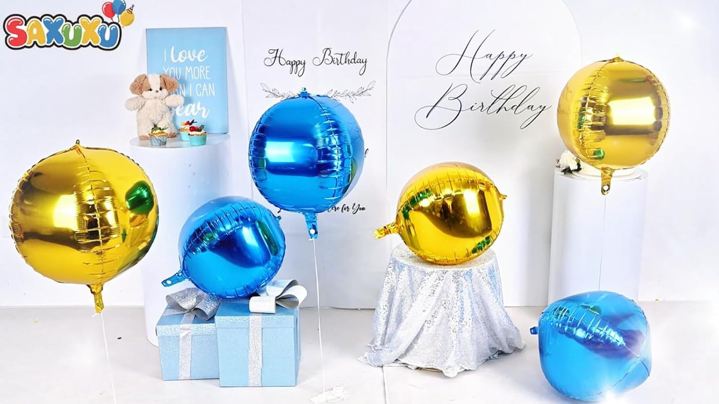 Blue Gold Giant 4D Foil Balloons, 6 Pcs Large Metallic Blue and Gold Round Balloons, 22 Inch Big Round Foil Balloon for Graduation Prom Birthday Party Baby Shower Decorations