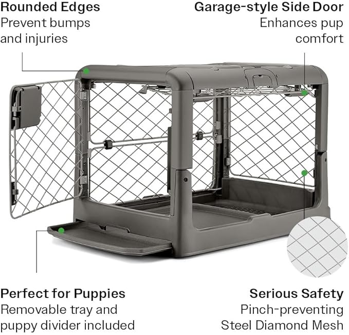 DIGGS Revol Collapsible Dog Crate with Wheels - Premium Portable Dog Crate - Safe, Stylish, and Convenient Indoor Kennel (Smoke, Small)-PawvioPets