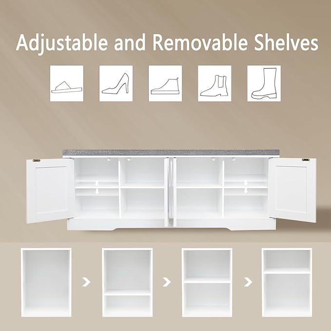 DINZI LVJ Shoe Bench, Entryway Storage Bench with Doors, Cushion, 2-Tier Shoe Rack with 8-Cubby, 47.2”L x 13.8”W Shoe Organizer Cabinet, Adjustable Shelf, Living Room, Bedroom, White-PawvioPets