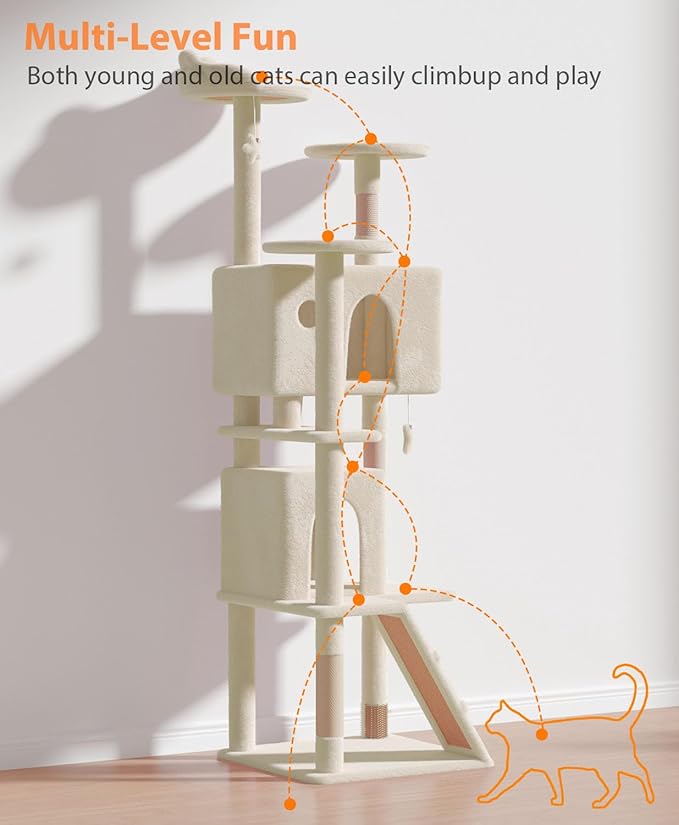 77'' Cat Tree Tower for Indoor Cats Large Adult, Cute/Tall Modern Cat Tree for Big Cats 20 lbs, Plush Multi-Level Cat Condo with Scratching Posts, Dangling Ball for Fun Play (Beige, 77 inch)-PawvioPets