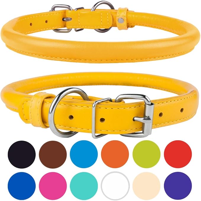 CollarDirect Rolled Leather Dog Collar, Soft Padded Round Puppy Collar, Handmade Genuine Leather Collar Dog Small Large Cat Collars 13 Colors (13-16 Inch, Pink Textured)-PawvioPets