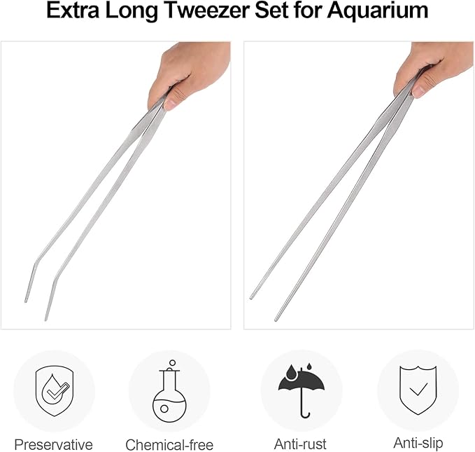 Aquarium Tweezers Extra Long 15 inches Feed Tong clamps - FEITA Straight and Curved Stainless Steel 38cm Tweezers Set for Fish Tank Plants Aquascape Tools & Reptile Feeding Tongs - Sliver 2Pcs-PawvioPets