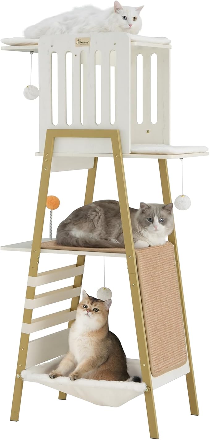 FourFurPets Modern Cat Tree, 58-Inch Cat Tower for Large Cats, Maine Coon Cat Tree with Scratching Board, Large Perch, Hammock and Removable Pads, White-PawvioPets