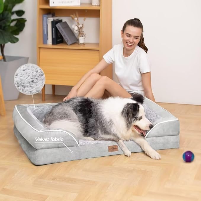 Comfort Expression XXL Orthopedic Foam Dog Bed for Extra Large Dogs, Waterproof Orthopedic Dog Beds, Washable Dogs Sofa Beds with Removable Cover & Non-Slip Bottom(XX-Large,Grey White)-PawvioPets
