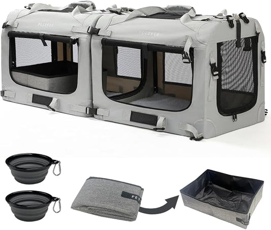 Extra Large Cat Carrier Soft Sided, Portable Small Dog Carrier for 2 Cats, 24"x16.5"x16" Car Travel Folding Comfortable Design with Litter Box and Bowls, Grey-2+ Litter Box+ Bowl*2-PawvioPets