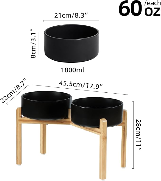 Ceramic Raised Double Bowls Set with Stand, Food & Water Bowls for Large Breed Dogs, Weighted Dog Dishes, Pet Bowl(8.2'',60OZ, Black)-PawvioPets