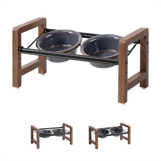 6.3inch Ceramic Adjustable Raised Double Bowls Set with Stand, 3 Heights Elevated, 2 Placement Options,Food and Water Bowls for Adult Cat Small and Medium Dog(Reactived Glaze -Grey)-PawvioPets