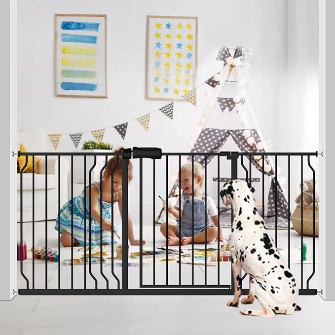 Fairy Baby Walk Through Baby Gate 34-38.5 Inch Wide, Pressure Mounted Safety Gate with Door No Drill, Tension Metal Gate for Dog and Toddler, Black-PawvioPets