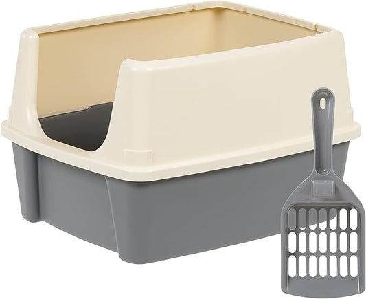 Amazon Basics Large Cat Litter Box with High Sides, Open Top, Includes Scoop, 19 x 15 x 11.75 inches, Grey/Beige-PawvioPets