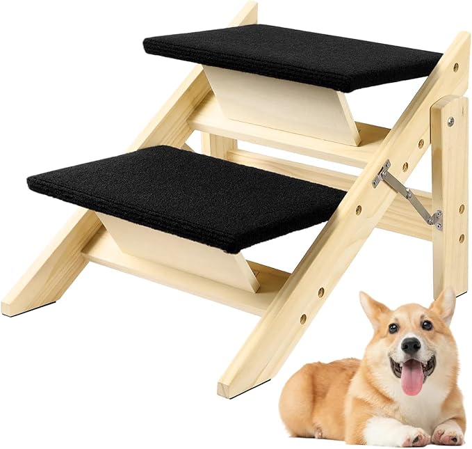 Foldable Dog Stairs/Ramp with 2 Steps - Durable Wooden Pet Stairs for Small, Medium, Large Dogs - Black (No Assembly Required)-PawvioPets